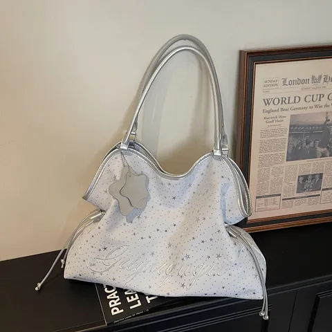 Borsa Tote da Donna con Stampa a Stelle Grande Capacità in Pelle PU Borsa a Tracolla con Ricamo di Lettere per Moda Quotidiana