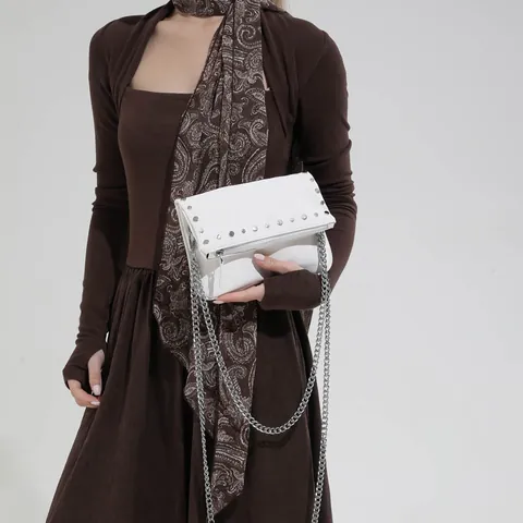Vintage Rivet Chain Shoulder Bag For Women PU Leather Crossbody Bag Small Motorcycle Style Handbag Daily Messenger Purse