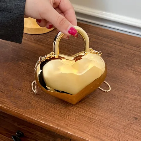 Fashion Heart Shaped Mirror Acrylic Mini Crossbody Bag For Women Luxury Metallic Finish Chain Shoulder Handbag Party Purse