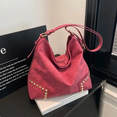 Retro Women Large Capacity Hobo Bag Faux Suede Studded Shoulder Bag Urban Minimalist Solid Color Tote Bag Fashion Handbag