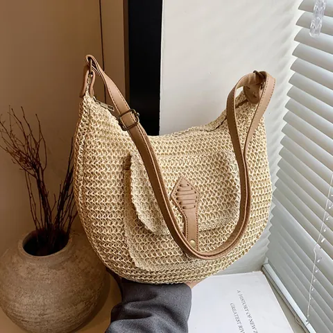 Borsa A Tracolla In Paglia Intrecciata Da Donna Borsa Hobo A Mezzaluna Con Tracolla Regolabile In Pelle PU Borsa Da Vacanza Casual