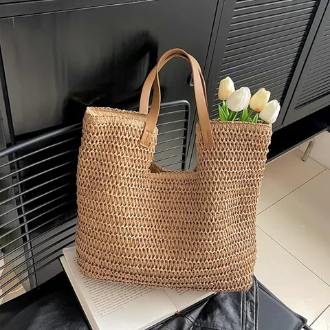 Women Straw Tote Bag Hand-woven Large Capacity Summer Beach Shoulder Bag With PU Leather Handle Magnetic Buckle Handbag