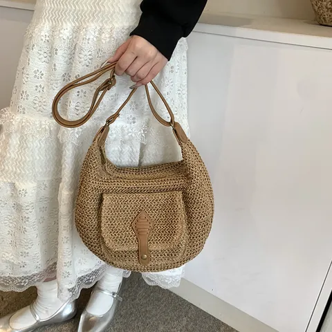 Borsa A Tracolla In Paglia Intrecciata Da Donna Borsa Hobo A Mezzaluna Con Tracolla Regolabile In Pelle PU Borsa Da Vacanza Casual