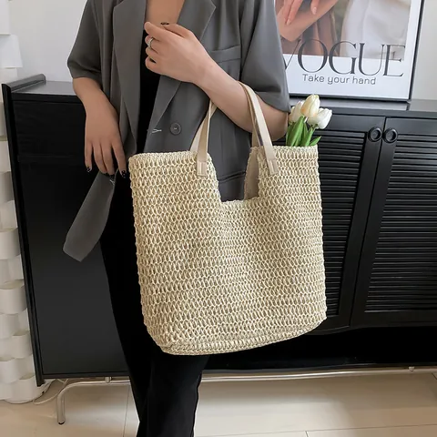 Women Straw Tote Bag Hand-woven Large Capacity Summer Beach Shoulder Bag With PU Leather Handle Magnetic Buckle Handbag