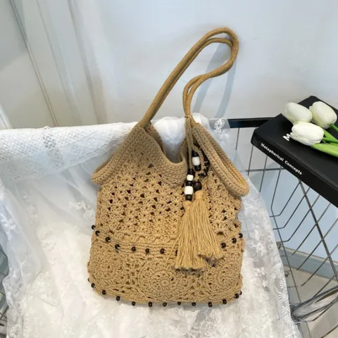Borsa Tote Intrecciata a Mano Bohémien Donna Motivo Floreale Traforato Borsa a Spalla in Corda di Cotone Con Nappine Perline