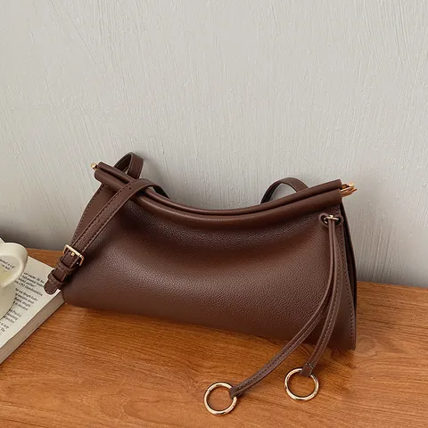 Women PU Leather Shoulder Bag Large Capacity Crossbody Bag Vintage Lychee Pattern Pleated Handbag With Metal Ring Decor