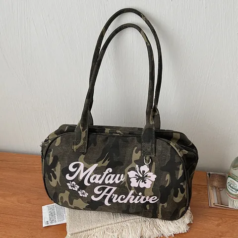 Bolso Tote de Lona de Camuflaje Vintage para Mujer Gran Capacidad Impresión de Letras Florales Bolso de Hombro Casual Urbano