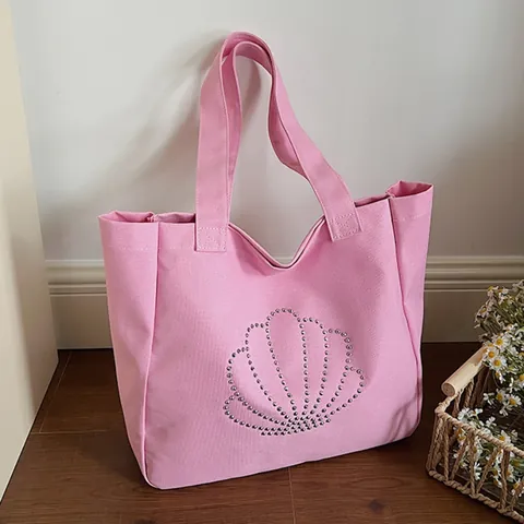 Damen Leinwand Tragetasche Große Kapazität Strass Muschel Muster Umhängetasche Vintage Lässig Handtasche Für Den Alltag