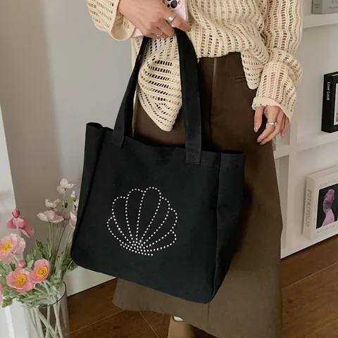 Damen Leinwand Tragetasche Große Kapazität Strass Muschel Muster Umhängetasche Vintage Lässig Handtasche Für Den Alltag