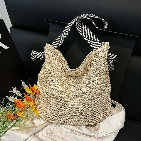 Große Kapazität Gewebte Stroh Tote Bag Für Damen Sommer Strand Urlaub Schultertasche Mit Gestreiftem Schleifenband Lässige Tasche