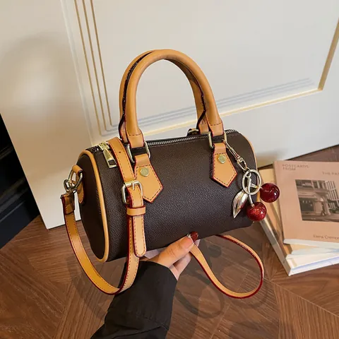 Retro Women Lychee Pattern PU Leather Boston Bag Vintage Contrast Color Pillow Handbag With Cherry Charm Crossbody Bag