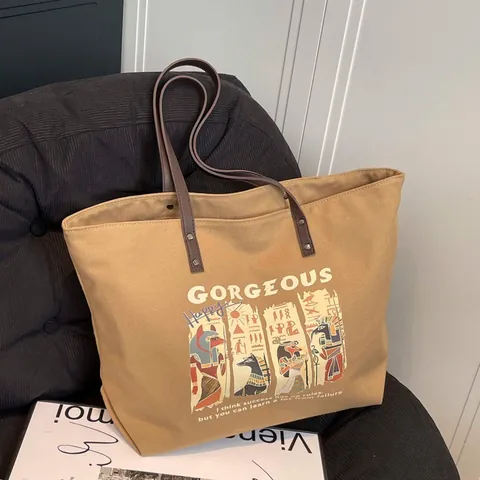Women Large Capacity Canvas Tote Bag Egyptian Anubis Print Retro Letter Gorgeous Shoulder Bag With PU Leather Handles