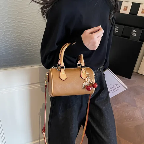 Retro Women Lychee Pattern PU Leather Boston Bag Vintage Contrast Color Pillow Handbag With Cherry Charm Crossbody Bag