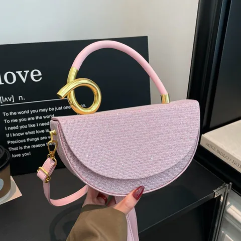 Women's Sequin Glitter Shoulder Bag Half Moon Handbag With Metallic Knot Handle Detachable Strap Evening Crossbody Bag