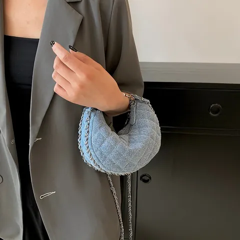 Women Quilted Denim Moon Bag Metal Chain Strap Rose Pendant Denim Hobo Shoulder Bag Casual Crossbody Purse Small Large
