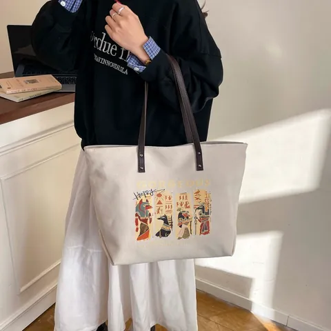 Women Large Capacity Canvas Tote Bag Egyptian Anubis Print Retro Letter Gorgeous Shoulder Bag With PU Leather Handles