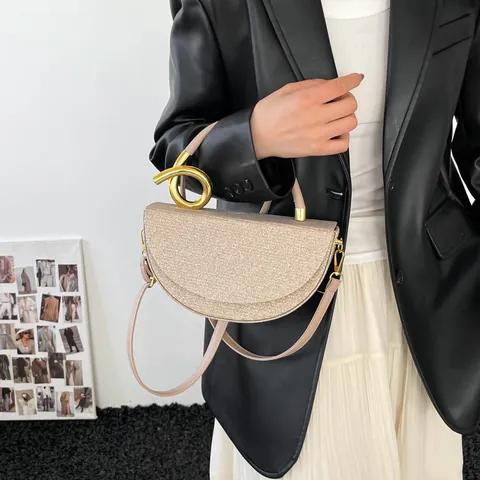 Women's Sequin Glitter Shoulder Bag Half Moon Handbag With Metallic Knot Handle Detachable Strap Evening Crossbody Bag