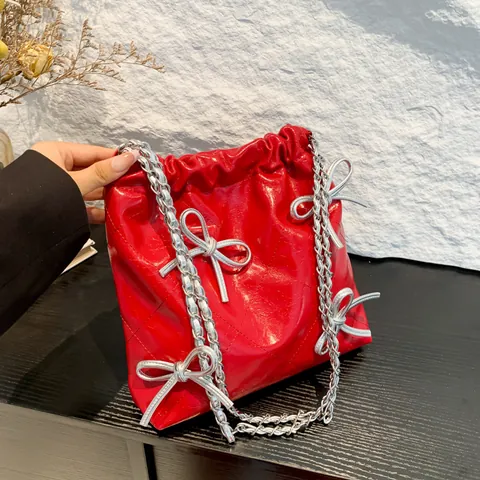 Women Bowknot Bucket Bag Quilted PU Leather Chain Shoulder Bag Drawstring Crossbody Bag Sweet Style Lady Handbag