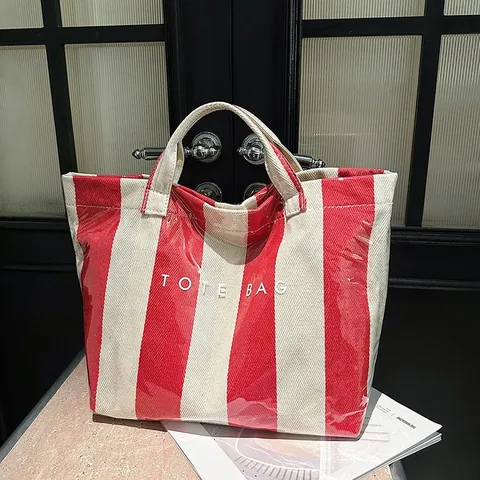 Women Striped Large Capacity Tote Bag Waterproof PVC Coated Canvas Handbag Urban Minimalist Shopping Beach Bag Letter Print