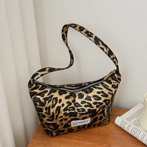 Vintage Leopard Print Hobo Bag For Women Stylish Fabric PU Underarm Shoulder Bag With Zipper Closure For Daily Shopping