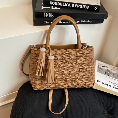 Women Pleated PU Leather Tote Bag Vintage Fish Scale Texture Handbag With Tassel Rhinestone Decor Crossbody Shoulder Bag For Daily Fashion