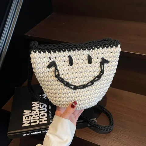 Women Casual Woven Smiley Face Bucket Bag Handcrafted Crochet Shoulder Crossbody Bag With Pouch Contrast Color Handbag
