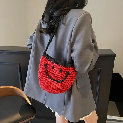 Women Casual Woven Smiley Face Bucket Bag Handcrafted Crochet Shoulder Crossbody Bag With Pouch Contrast Color Handbag