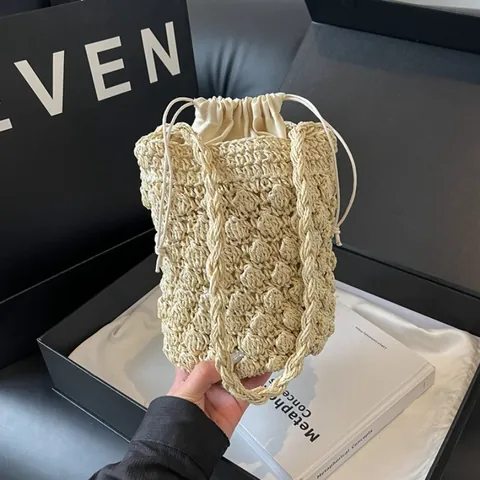 Borsa a Secchiello in Paglia Intrecciata a Mano Donna Vacanza al Mare Coulisse Borsa a Spalla Stile Minimalista Crema Cachi