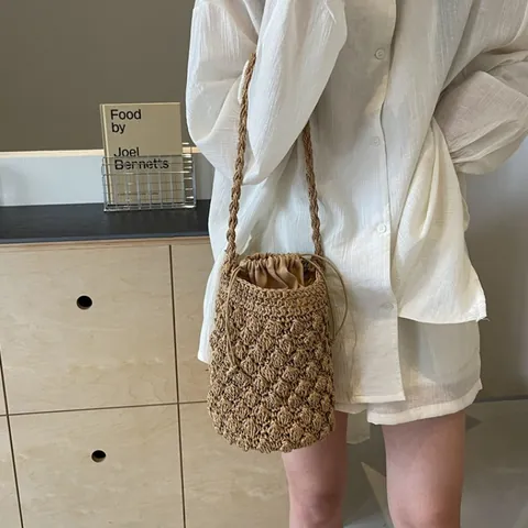 Borsa a Secchiello in Paglia Intrecciata a Mano Donna Vacanza al Mare Coulisse Borsa a Spalla Stile Minimalista Crema Cachi