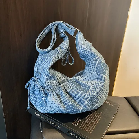 Borsa Hobo in Denim Patchwork Retrò per Donna Grande Capacità a Quadri a Pois Borsa a Tracolla Casual a Mezzaluna