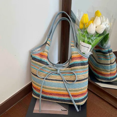 Γυναικεία Casual Ψάθινη Τσάντα Tote Με Φιόγκο Ριγέ Τσάντα Ώμου Καλοκαιρινές Διακοπές στην Παραλία Τσάντα Χειρός