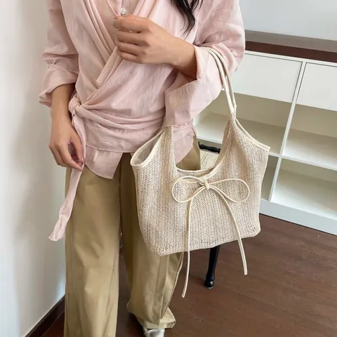 Γυναικεία Casual Ψάθινη Τσάντα Tote Με Φιόγκο Ριγέ Τσάντα Ώμου Καλοκαιρινές Διακοπές στην Παραλία Τσάντα Χειρός