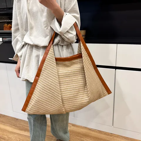 Damen Tote Bag Große Kapazität Leopardenmuster Geflochtene Umhängetasche Urban Einfachheit Vintage Casual Handtasche Mit PU Besatz