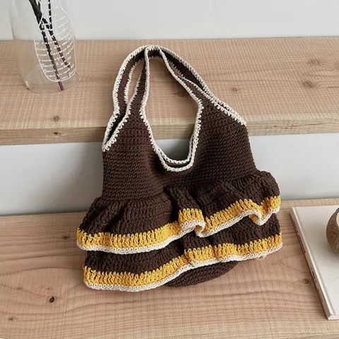 Borsa Tote da Donna in Maglia all'Uncinetto Con Bordo a Volant Vintage Grande Capacità Borsa a Spalla Bohemian Fatta a Mano