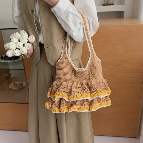 Borsa Tote da Donna in Maglia all'Uncinetto Con Bordo a Volant Vintage Grande Capacità Borsa a Spalla Bohemian Fatta a Mano