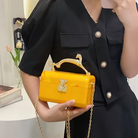 Fashion Women Acrylic Box Bag Leopard Handle Marble Pattern Evening Bag With Metal Chain Clasp Luxury Party Shoulder Bag