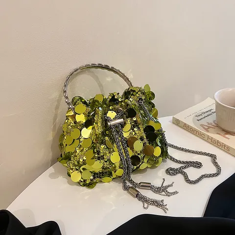 Fashion Sequin Bucket Bag With Metal Ring Handle And Chain Strap Drawstring Tassel Small Shoulder Crossbody Handbag