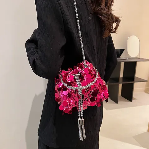 Fashion Sequin Bucket Bag With Metal Ring Handle And Chain Strap Drawstring Tassel Small Shoulder Crossbody Handbag