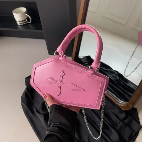 Gothic Coffin Shaped Crossbody Bag PU Leather Cross Pattern Handbag With Metal Chain Strap For Women Party Street Fashion Accessory