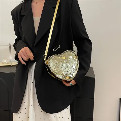 Bolso Bandolera de Lentejuelas con Forma de Corazón de Moda Cuero de PU con Purpurina Metálica Bolso de Noche para Mujer Fiesta