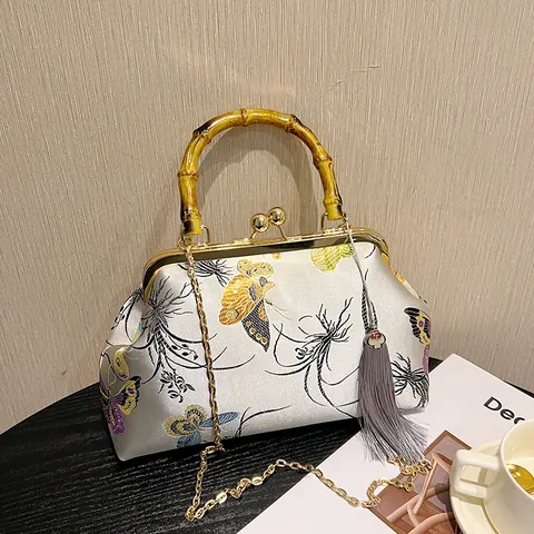 Chinese Style Embroidered Satin Handbag With Bamboo Handle Butterfly Floral Pattern Metal Chain Tassel Crossbody Bag For Women