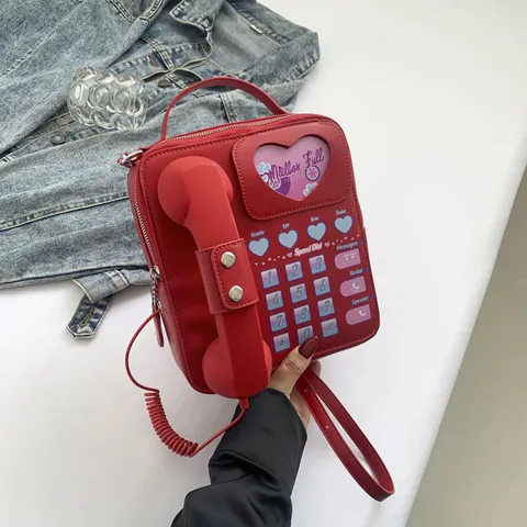 Creative Vintage Telephone Shaped Crossbody Bag For Women Y2K Trendy Heart Pattern PU Leather Handbag Shoulder Bag