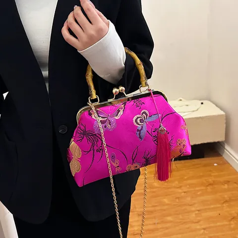 Chinese Style Embroidered Satin Handbag With Bamboo Handle Butterfly Floral Pattern Metal Chain Tassel Crossbody Bag For Women