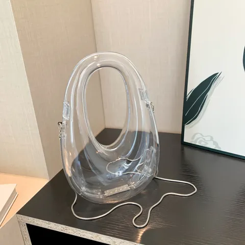Bolso de Mano Futurista de Acrílico Calado Con Cadena Metálica Minimalista Geométrico Ovalado Bolso Bandolera de Noche para Mujer Accesorio Fiesta