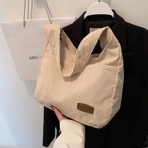 Bolso Tote de Pana para Mujer Gran Capacidad Vintage Rayado Bolso de Hombro Retro Color Sólido Casual Moda Bolso