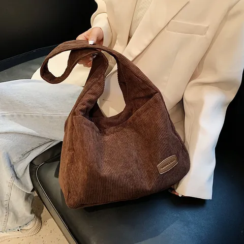 Bolso Tote de Pana para Mujer Gran Capacidad Vintage Rayado Bolso de Hombro Retro Color Sólido Casual Moda Bolso