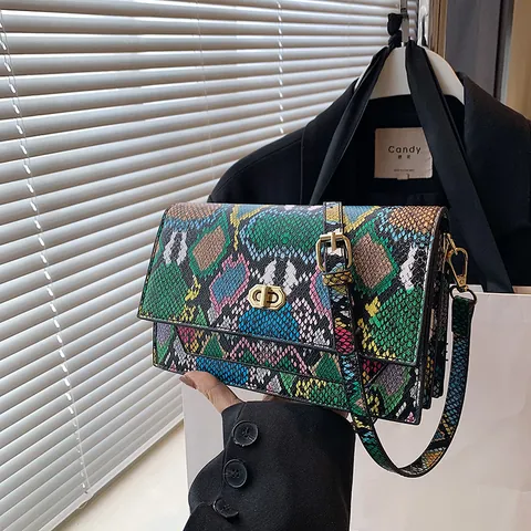 Vintage Snake Skin Pattern Women Shoulder Bag Colorful PU Leather Crossbody Bag Gold Metal Lock Small Square Handbag For Daily Fashion