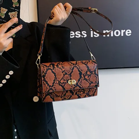 Vintage Snake Skin Pattern Women Shoulder Bag Colorful PU Leather Crossbody Bag Gold Metal Lock Small Square Handbag For Daily Fashion