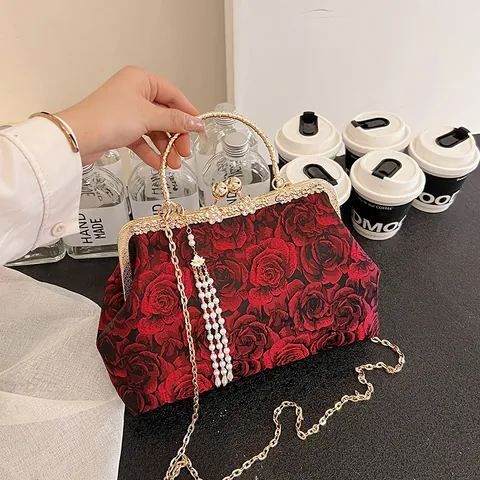 Vintage Rose Embroidered Evening Bag For Women Elegant Floral Beaded Clutch With Pearl Tassel Chain Strap Shell Handbag