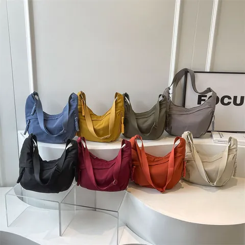 Women Fashion Nylon Moon Shoulder Bag Casual Crossbody Solid Color Dumpling Bag With Braided Zipper Puller Adjustable Wide Strap